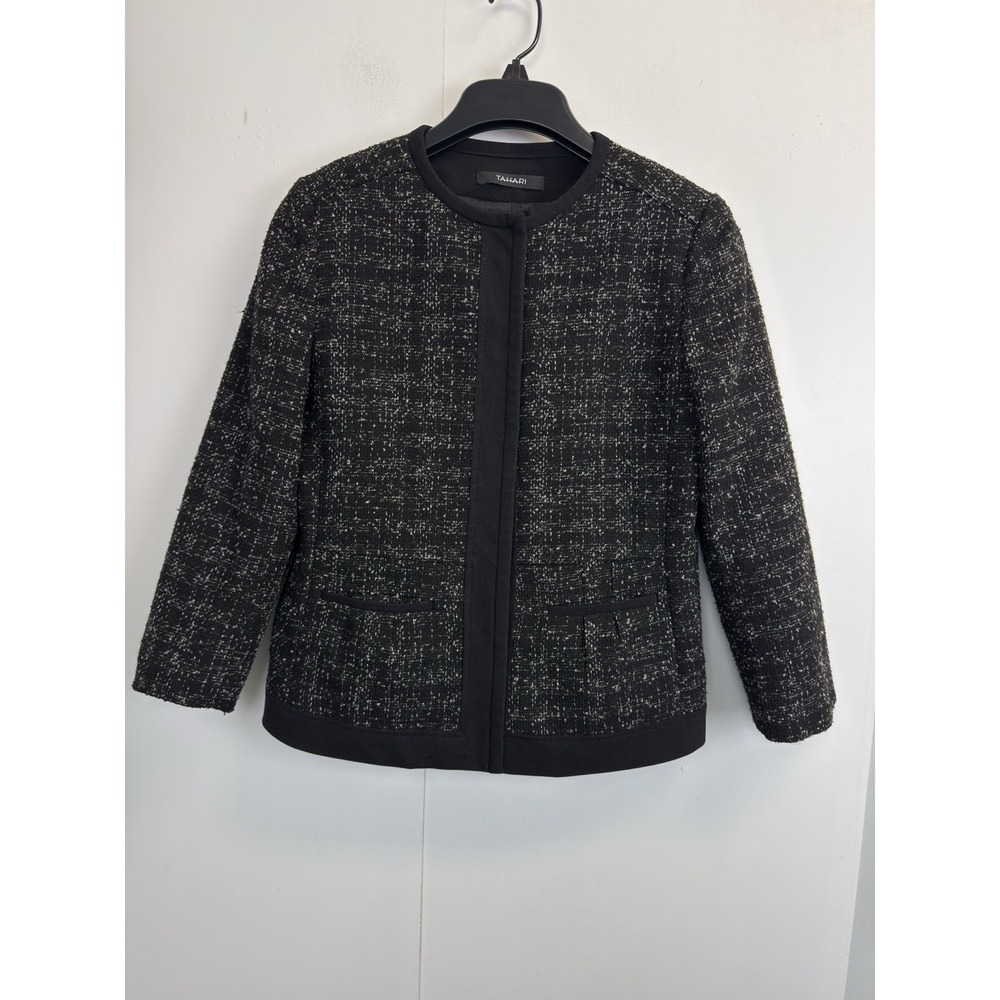 Tahari Boucle Jacket Women's Size 2 Black Tweed 3/4 Sleeve Snap Buttons Lined